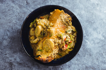 plant-based food, vegan roasted butternut squash slice with green curry vegetable stew