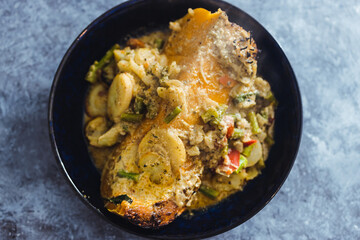 plant-based food, vegan roasted butternut squash slice with green curry vegetable stew