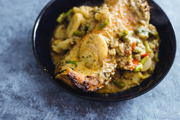 plant-based food, vegan roasted butternut squash slice with green curry vegetable stew