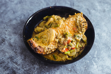 plant-based food, vegan roasted butternut squash slice with green curry vegetable stew