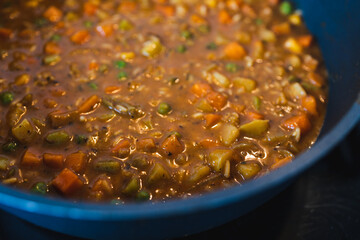 plant-based food, vegan stew with garden vegetables rice and cajun spices