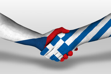 Obraz premium Handshake between greece and czech republic flags painted on hands, illustration with clipping path.
