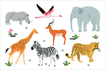 Big set with African animals and Impala, elephant, zebra, rhinoceros, giraffe, flamingo and cheetah.
