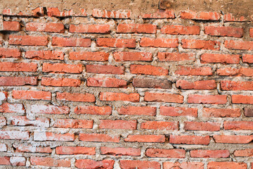 Urban background. red brick wall texture grunge stonewall Background. Shabby Building Facade With Damaged Plaster. Abstract Web Banner. Copy Space.