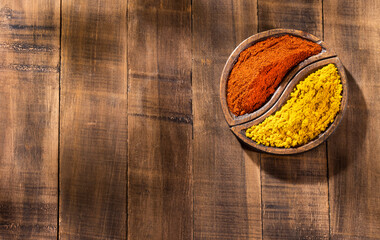 Curry and paprika in the wooden bowl