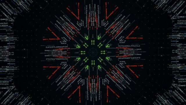 Abstract kaleidoscopic formula, algebra and computer code. Animation. Computer code running in a virtual space in a form of changing kaleidoscope, seamless loop.