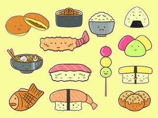 hand drawn kawaii japanese food set collection