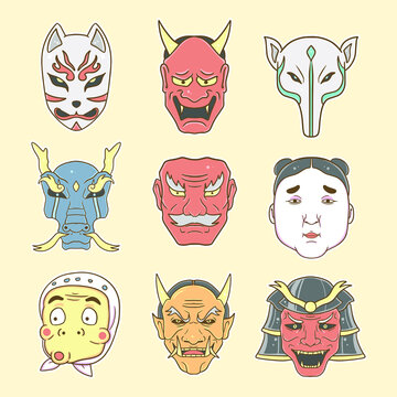 japanese mask set collection illustration 
