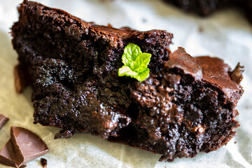 Chocolate Brownie with Mint on the white paper