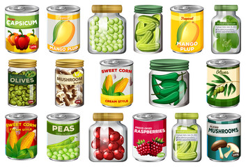 Set of different canned food and food in jars isolated