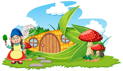 Obraz na płótnie Canvas Gnome and corn house with mushroom cartoon style on sky background