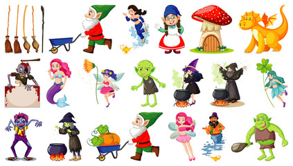Set of fantasy cartoon characters and fantasy theme isolated on white background