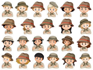 Set of different characters of boys and girls scout costume on a white background