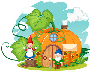 Gnomes and pumpkin house cartoon style on sky background