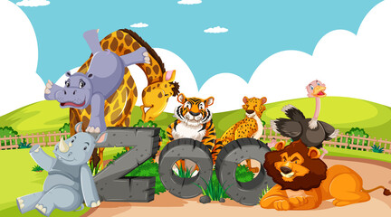 Wild animals with zoo sign