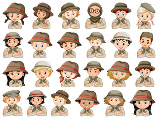 Set of different characters of boys and girls scout costume on a white background
