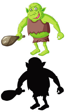 Goblin or troll in color and silhouette in cartoon character on white background