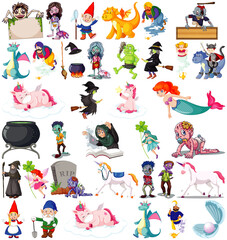 Set of fantasy cartoon characters and fantasy theme isolated on white background