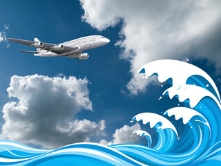 Naklejka na ściany i meble Passenger plane flying over ocean waves set against a blue cloudy sky