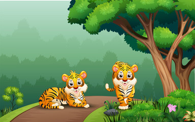 Scene with two tigers on the road