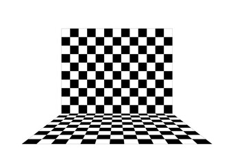 checkers pattern wall and floor, black and white illustration perspective view 