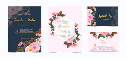 Fototapeta na wymiar pink and navy floral wedding invitation set
