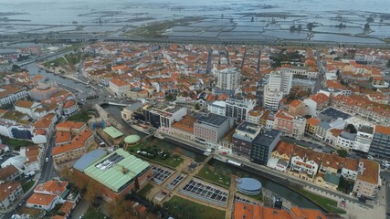Fototapeta premium Aveiro, beautiful village. The Venice of Portugal. Aerial Drone Photo