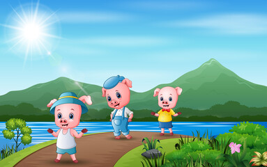 Obraz na płótnie Canvas Illustration three of pigs walking along the road