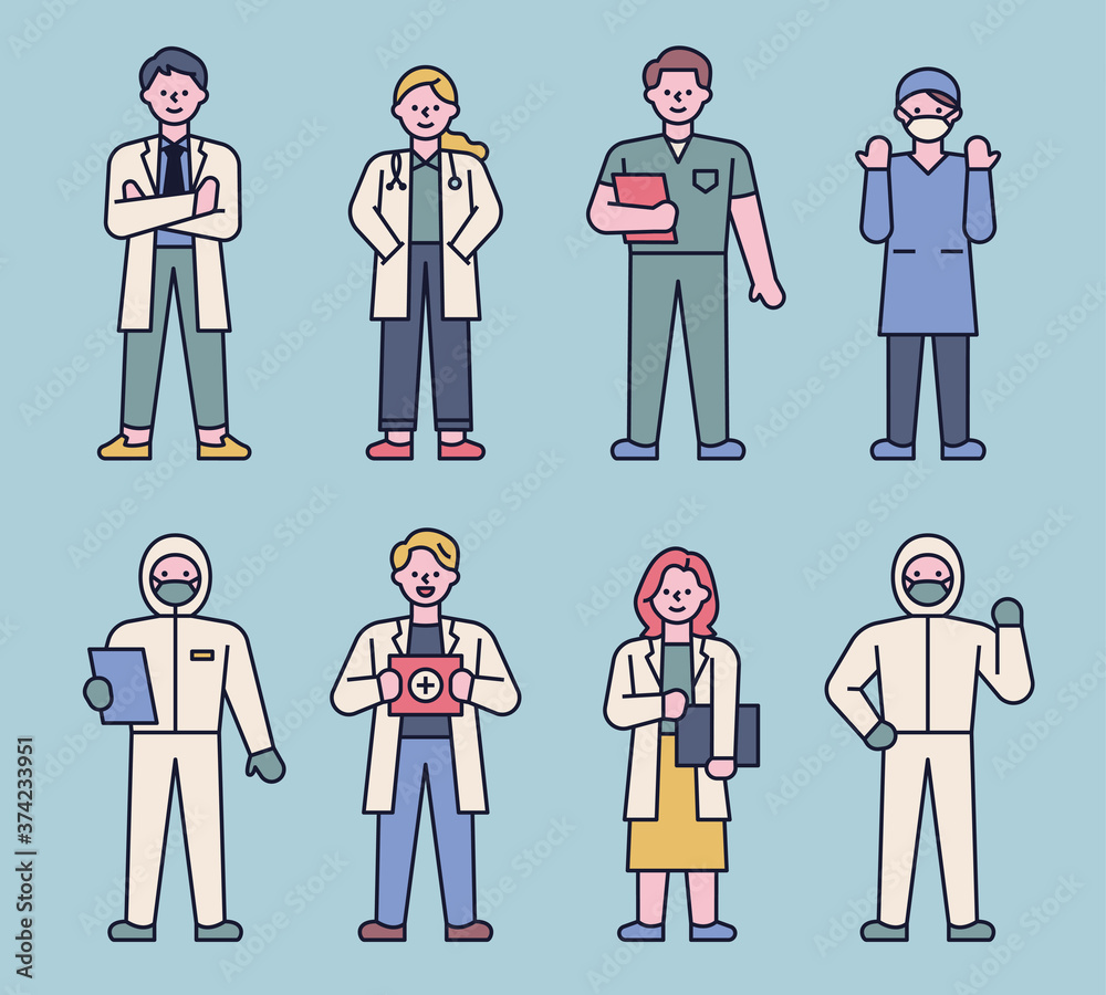 Wall mural character set of doctors in various uniforms. flat design style minimal vector illustration.