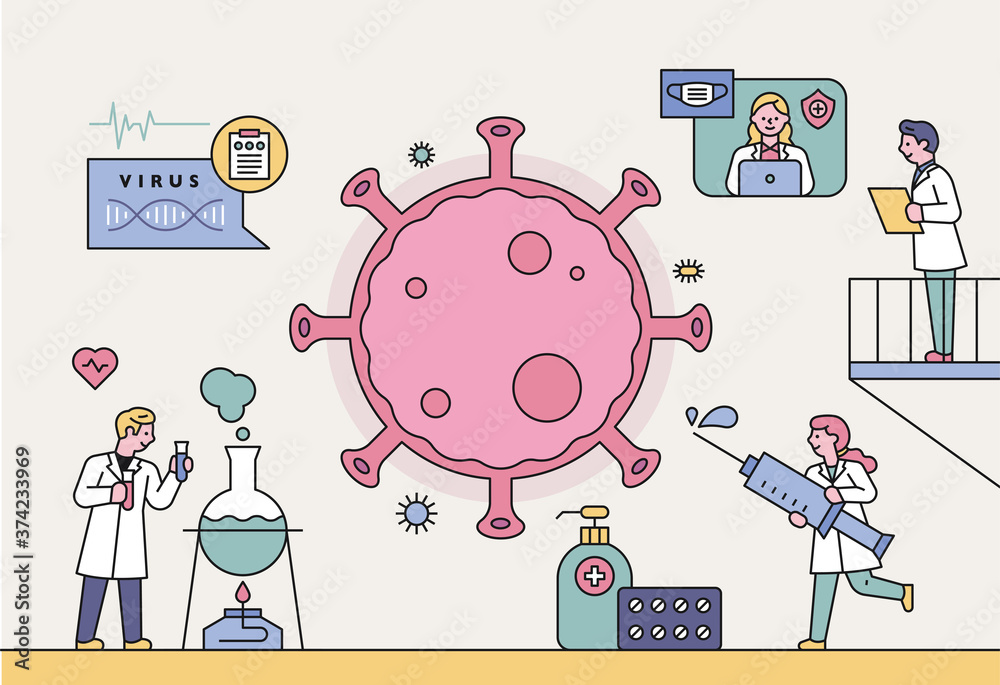 Wall mural scientists are developing a coronavirus vaccine in their lab. flat design style minimal vector illus