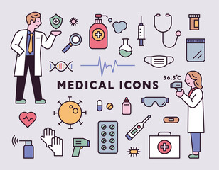 Male and female doctor characters and medical icon set. flat design style minimal vector illustration.