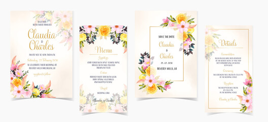 set of colorful wedding invitation with feather and cherry blossom