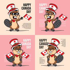 Bundle Set Illustration Happy Independence Day of Canada with Cute Beaver Mascots Wearing Hat and Holding Canadian Flag