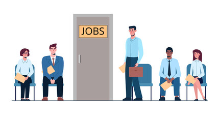 Queue for an interview. Business people want to get a job. Europeans and Africans. Unemployment, crisis, job search. Vector illustration, flat isolated