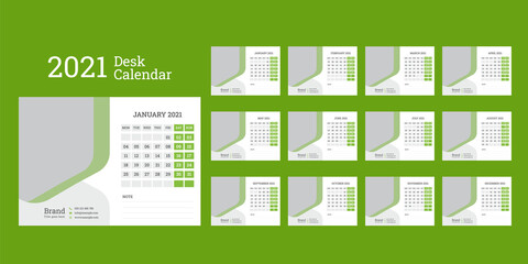 Desk calendar template for 2021 year.Week Starts on Monday