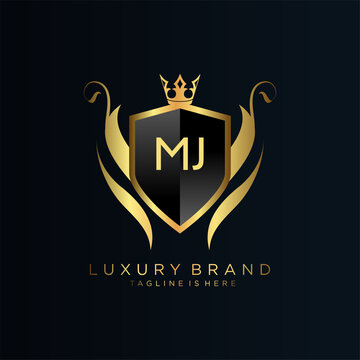 MJ Letter Initial with Royal Template.elegant with crown logo vector, Creative Lettering Logo Vector Illustration.