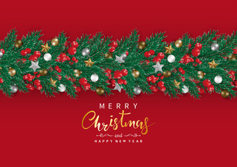 Christmas garland decor longitudinal with the pine tree, red berries, Christmas balls, and text Merry Christmas and Happy new year isolated on red background. Xmas holiday. Vector illustration.