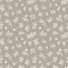 Olive Branch with Leaves and Fruit Seamless Pattern in a Trendy Minimal Style. Outline of a Botanical Background. Floral Green Vector Ornament for printing on fabric, invitation, wrapping, wallpaper