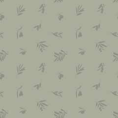 Olive Branch with Leaves and Fruit Seamless Pattern in a Trendy Minimal Style. Outline of a Botanical Background. Floral Green Vector Ornament for printing on fabric, invitation, wrapping, wallpaper