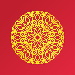 golden luxury mandala ornament circle vintage motif style with red background design vector