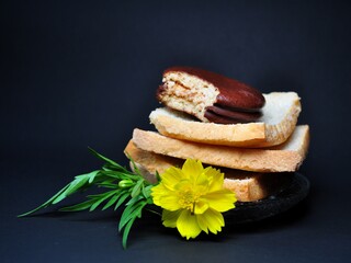 Dry rusk bread on black background. Healhty breakfast menu