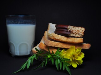 Dry rusk bread and a glass of milk isolated on black background. Healhty breakfast menu