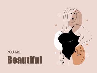 Body positive. Abstract minimalistic female figure. Linear elegant women in lingerie and swimsuit on abstract simple shapes. Promotion design for social media, logo for shop, beauty salon, underwear.