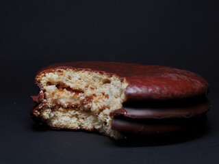 Choco Pie Chocolate isolated on black background. Choco Pie coated snack