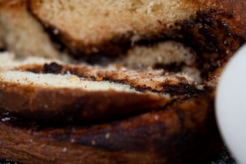 Delicious chocolate trenza braid slice in close up.