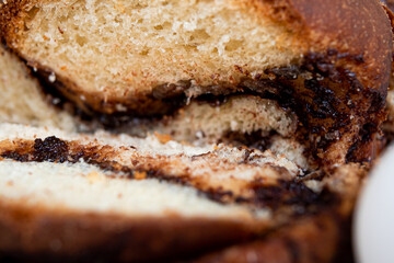 Delicious chocolate trenza braid slice in close up.