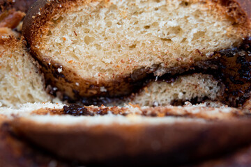 Delicious chocolate trenza braid slice in close up.