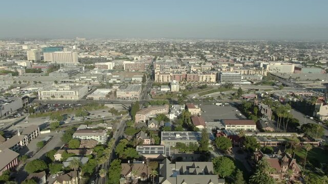 Los Angeles University Park and South Central Sunset Aerial Shot Forward