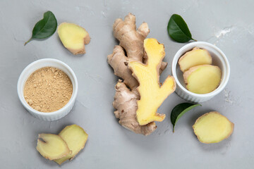 Fresh ginger root and ginger powder.