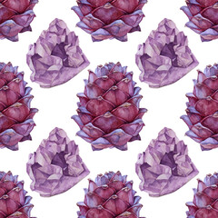 Seamless pattern watercolor hand-drawn realistic cedar pine cone and purple mineral amethyst on white. Art creative nature forest background for card, textile, wallpaper, wrapping, florist